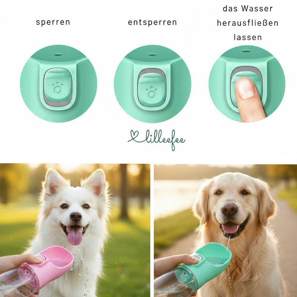 Tragbare Hundetrinkflasche für unterwegs - frisches Wasser auf Knopfdruck