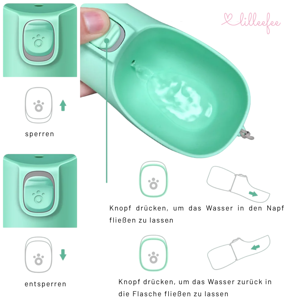 Tragbare Hundetrinkflasche für unterwegs - frisches Wasser auf Knopfdruck