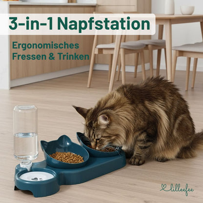 3-in-1 Katzen Napfstation mit automatischer Wasserzufuhr