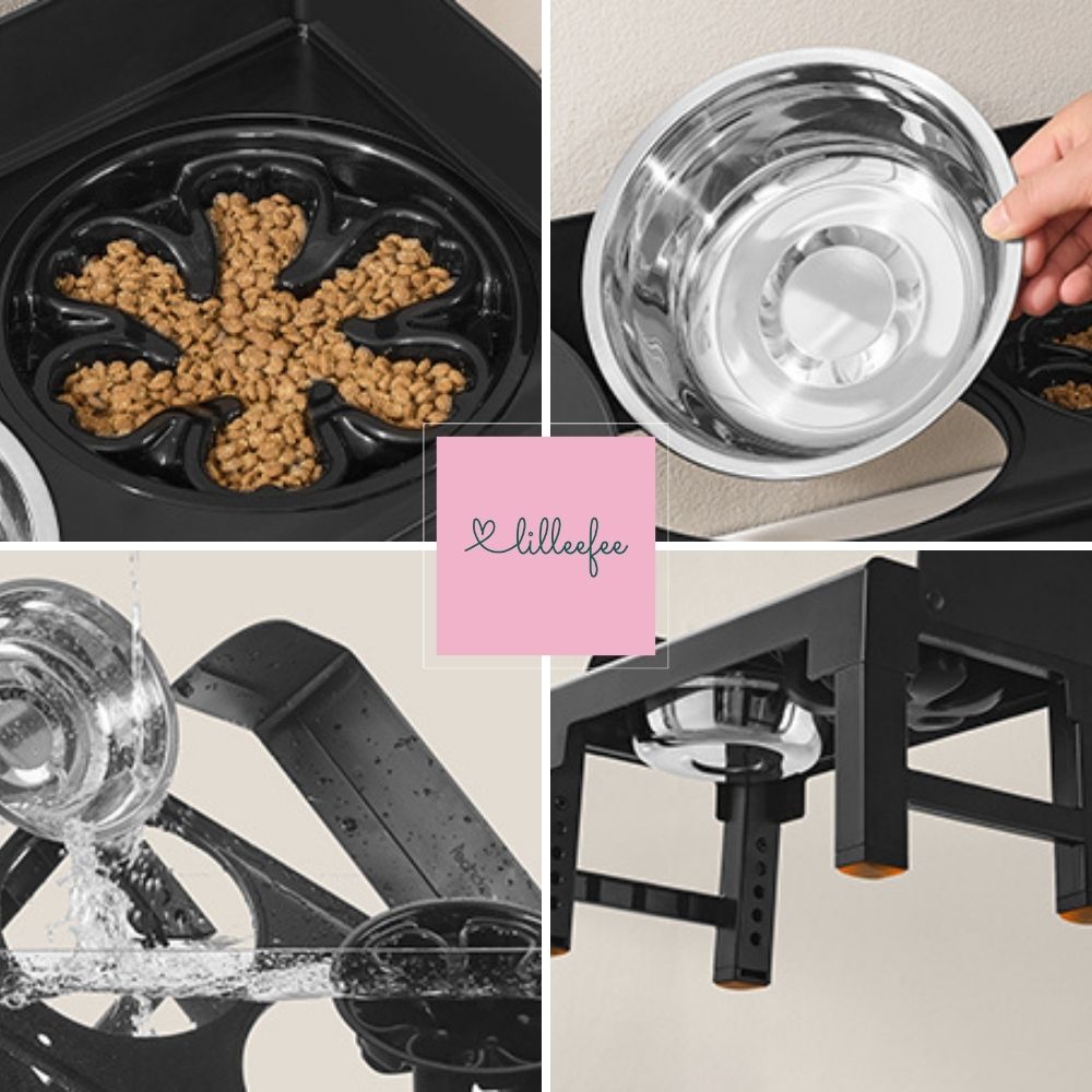 Höhenverstellbare & neigbare Futterstation mit Spritzschutzkanten für Hunde