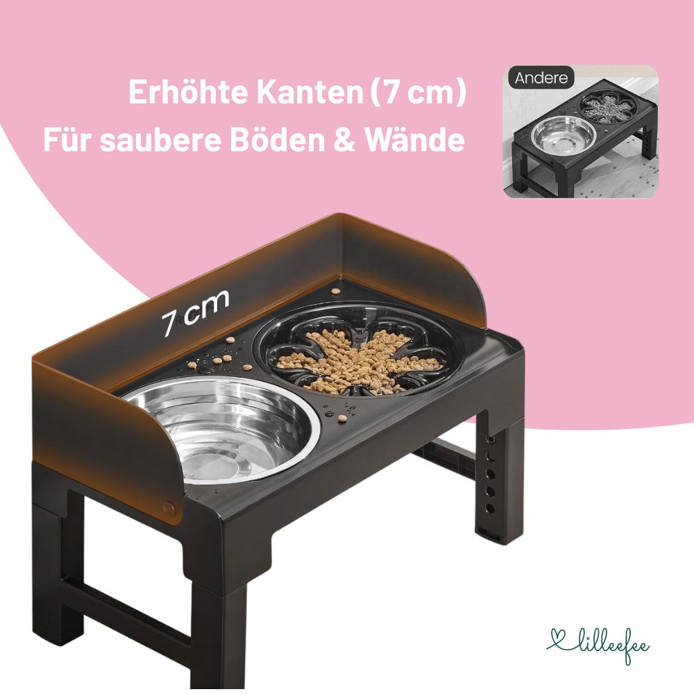 Höhenverstellbare & neigbare Futterstation mit Spritzschutzkanten für Hunde