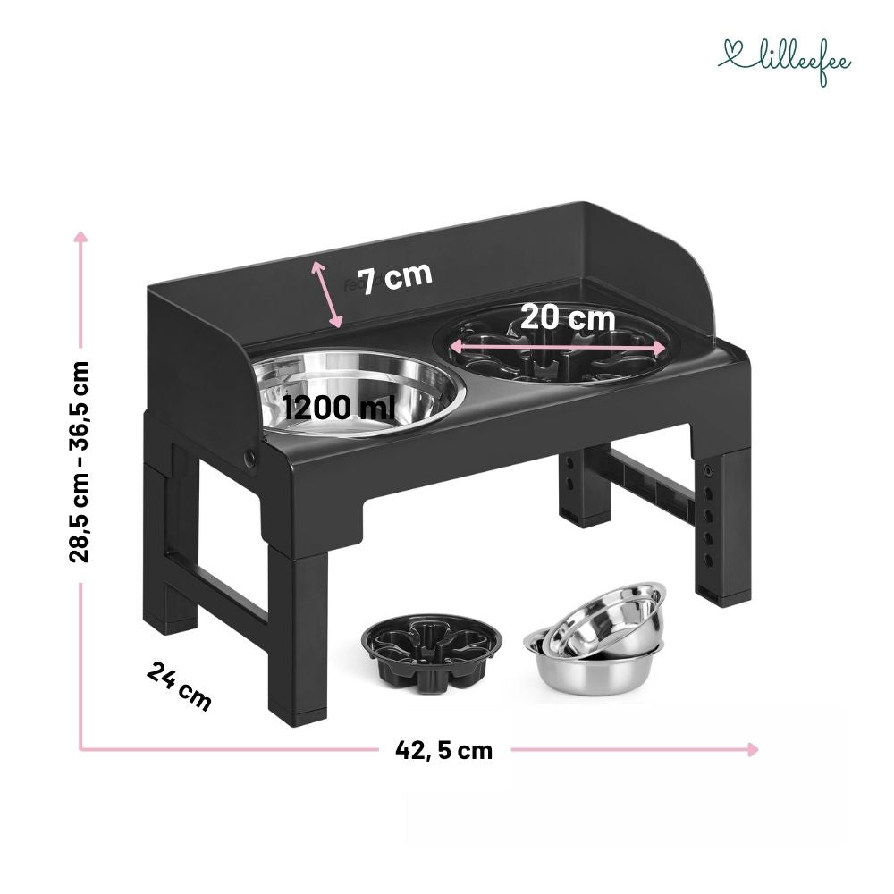 Höhenverstellbare & neigbare Futterstation mit Spritzschutzkanten für Hunde