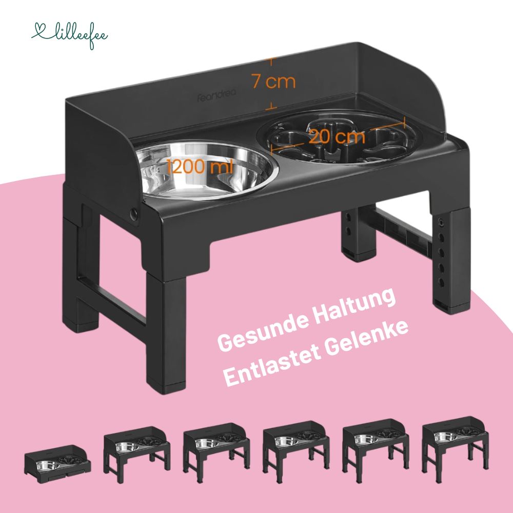 Höhenverstellbare & neigbare Futterstation mit Spritzschutzkanten für Hunde