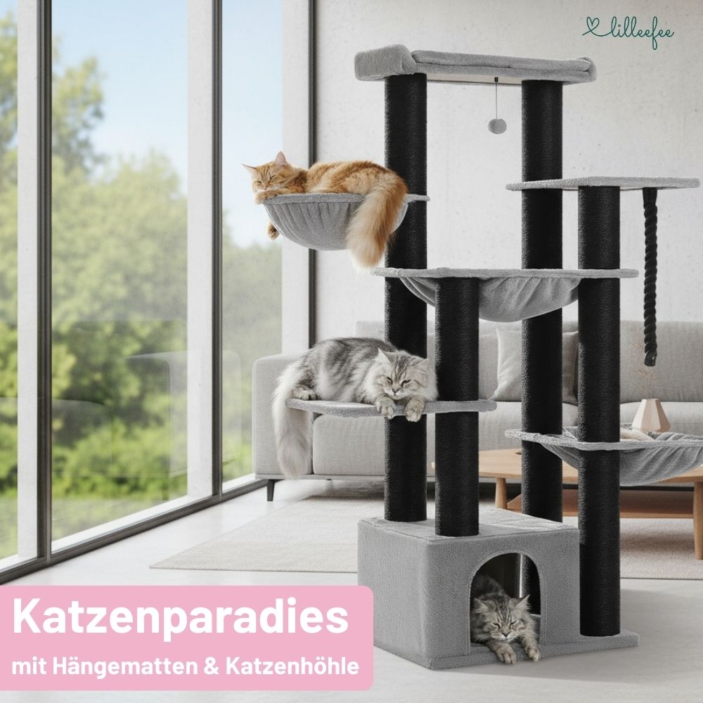 Stabiler Kratzbaum mit Hängematten, Liegeflächen und Katzenhöhle