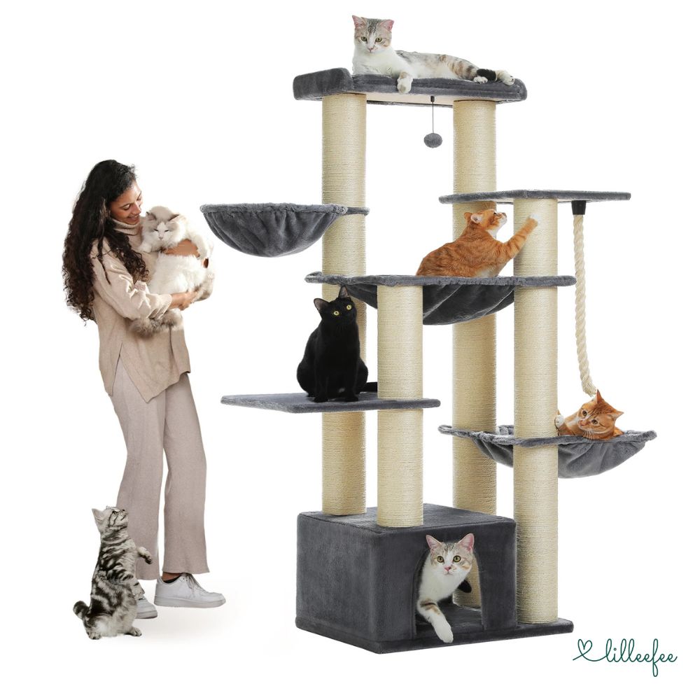 Stabiler Kratzbaum mit Hängematten, Liegeflächen und Katzenhöhle