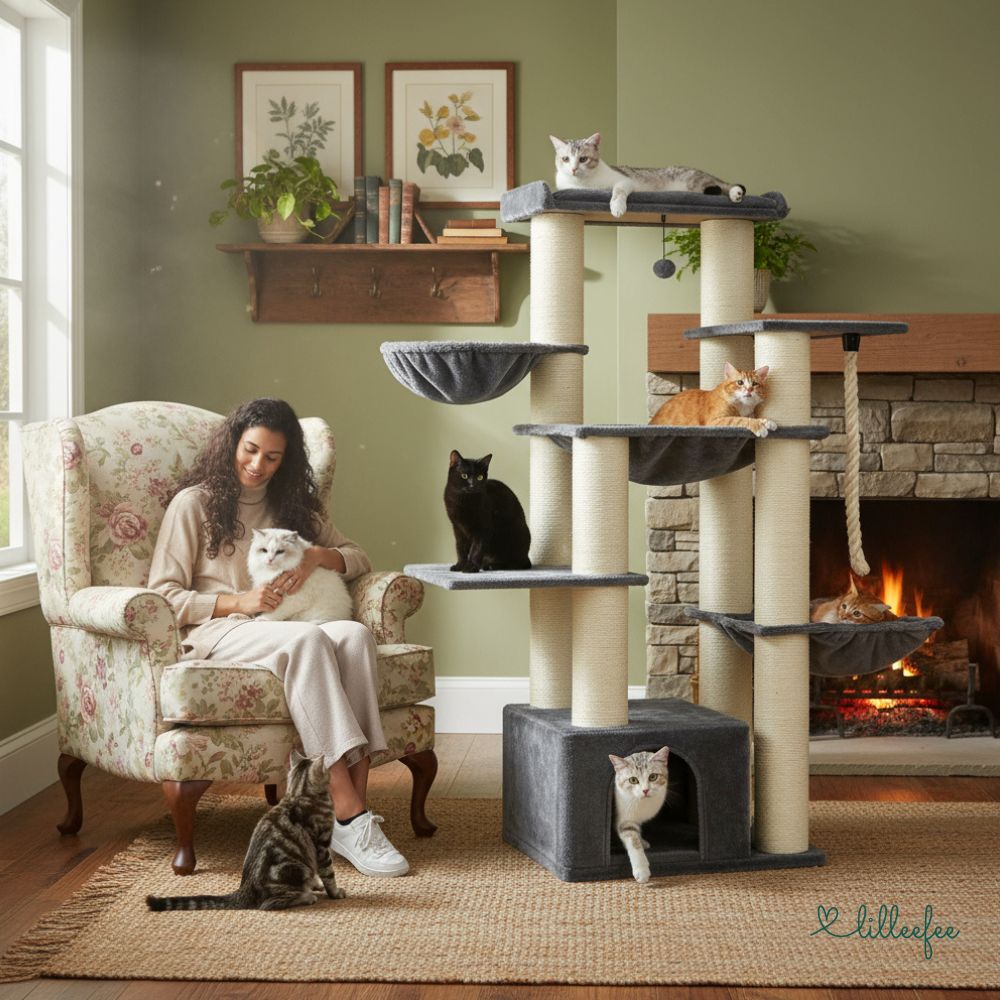 Stabiler Kratzbaum mit Hängematten, Liegeflächen und Katzenhöhle