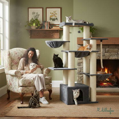 Stabiler Kratzbaum mit Hängematten, Liegeflächen und Katzenhöhle