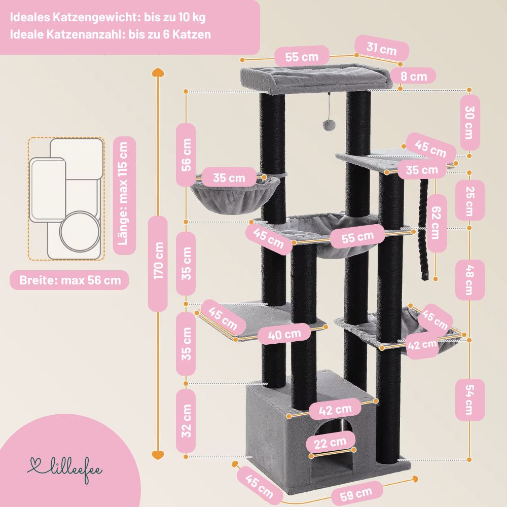 Stabiler Kratzbaum mit Hängematten, Liegeflächen und Katzenhöhle